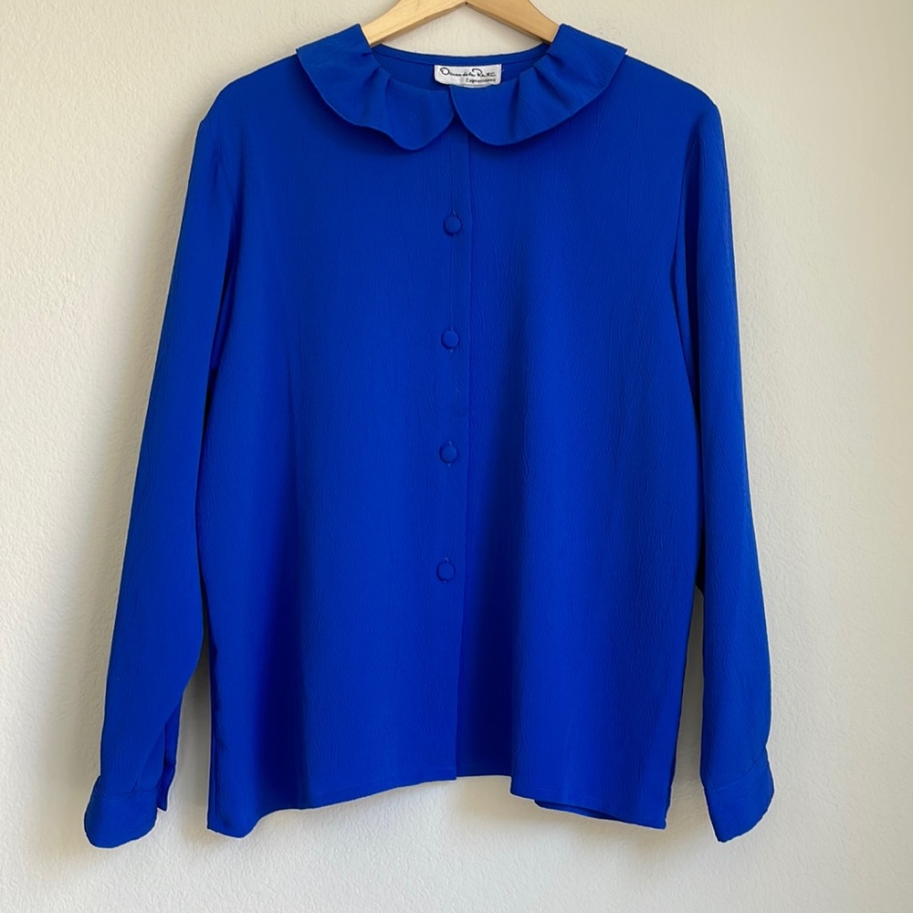 Oscar de la Renta Vintage Button Down Collared Blue Blouse